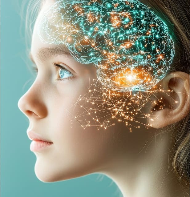 A young girl in profile looks upward, with a glowing digital illustration of a brain and neural connections superimposed over her head, symbolizing imagination, intelligence, or neuroscience research.