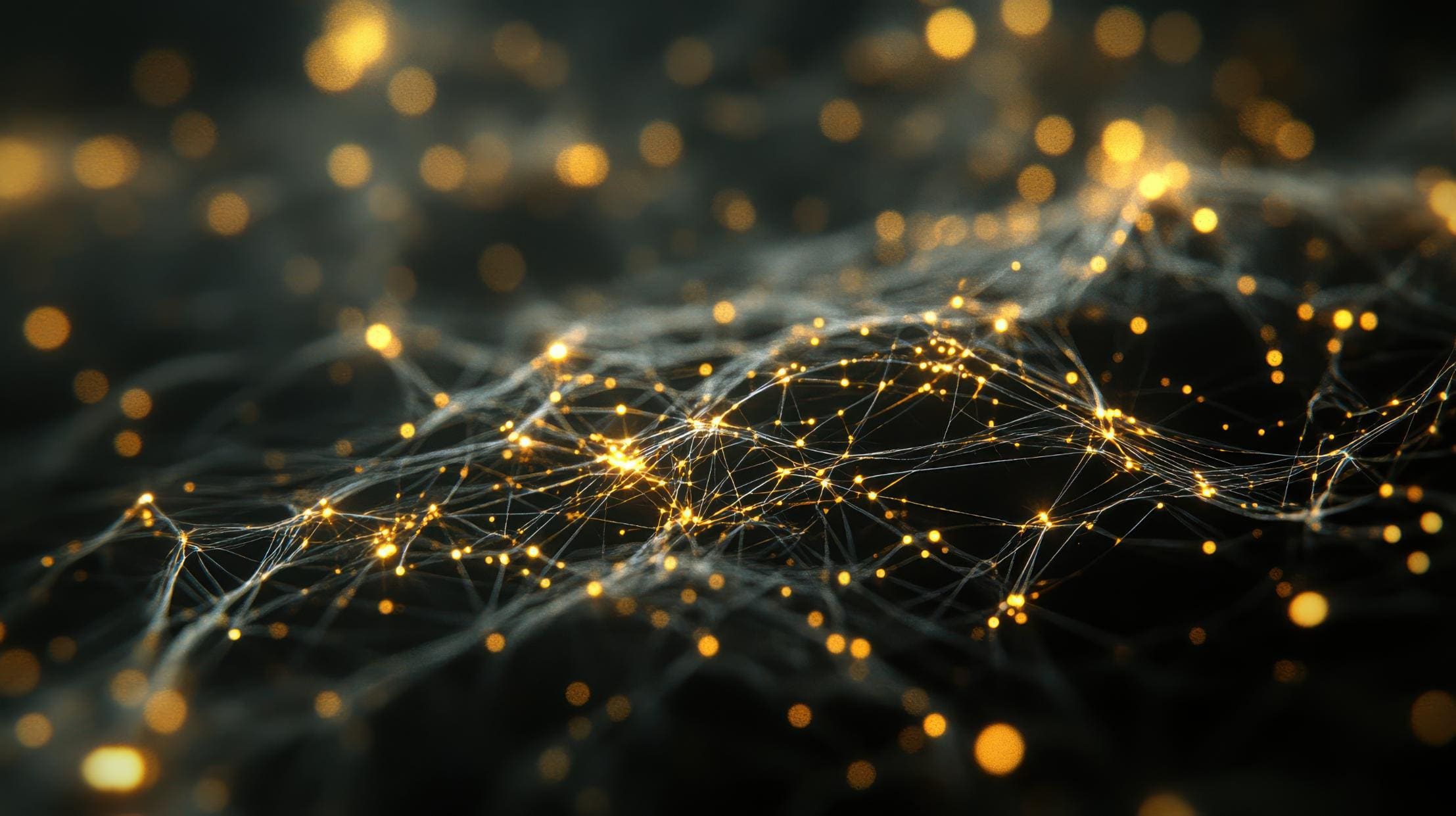 Abstract digital network with glowing golden nodes and connecting lines on a dark background, resembling washington neuroscience data visualization. The image conveys depth and complexity.