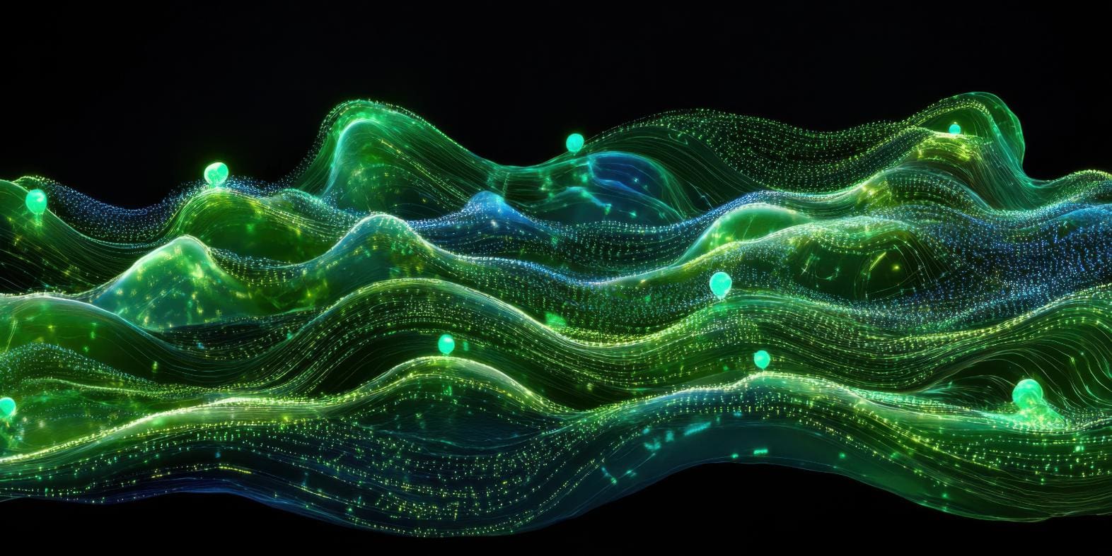 Glowing, wavy lines in green and blue hues form abstract, layered waves against a black background, with small bright dots scattered along the curves, suggesting washington neuroscience data flow or a digital landscape.