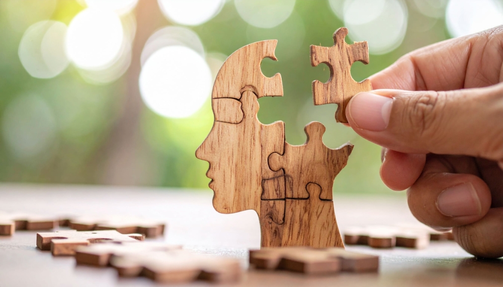 A hand places a wooden puzzle piece into a head-shaped wooden puzzle, symbolizing Integrated Mental Health or problem-solving, with a blurred green and yellow background.