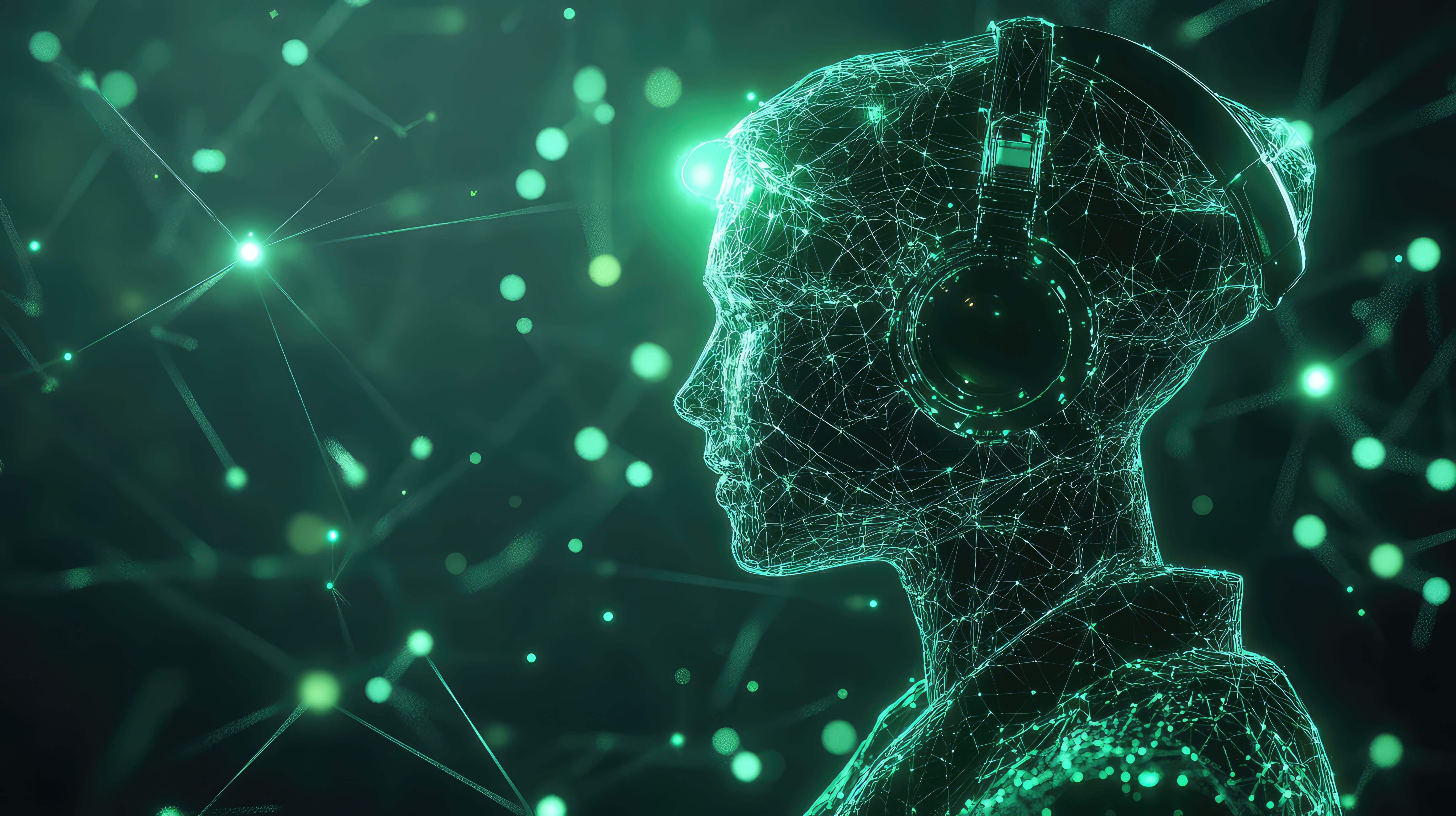 A digital wireframe silhouette of a person wearing AI headphones, surrounded by glowing green network connections and nodes on a dark background, representing technology, automatic learning, and artificial intelligence.