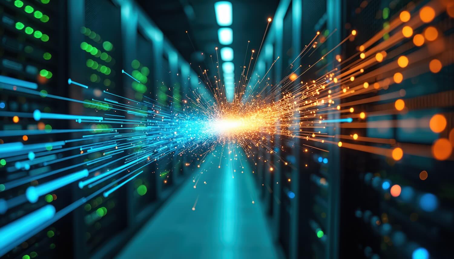 A server room with rows of computer racks, featuring blue and orange light trails converging at the center, representing fast data transfer or digital connectivity driven by AI advancements in medical science.